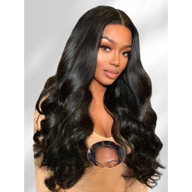 RXY Layered Cut Curtain Bangs Face Framing Wig Women's Real Hair 6 x 6 Loose Body Real Hair Wig 200% Density Pre-Plucked Precut Glueless Lace Front Wigs Human Hair for Women 20 Inches (51 cm)