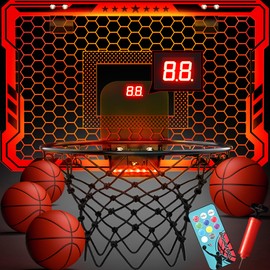 ropoda Indoor Basketball Hoop, Mini Basketball Hoop with 7 LED Lights, 3 Modes Scoreboard, Mini Hoop with 4 Balls Over The Door, Basketball Hoop Indoor, Toys Gifts for Kids Adults