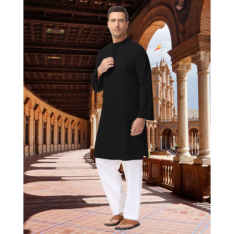 LVCBL Kaftan Men's Muslim Robe Neck Long Sleeve Kaftan Button