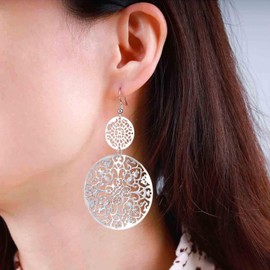 Allereya Vintage Filigree Disc Drop Earrings Tribal Totem Drop Earrings Brass Disc Dangle Hook Earrings Silver Filigree Earrings Jewellery for Women and Girls (Silver)