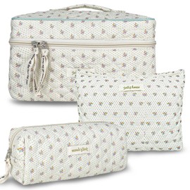 TOPALL Cosmetic Bag Travel Women's Beauty Case Made of Cotton, Large Make Up Bag, Portable Makeup Bag, Toiletry Bag Organiser with Capacity with Floral Pattern for Travel Accessories, Travel