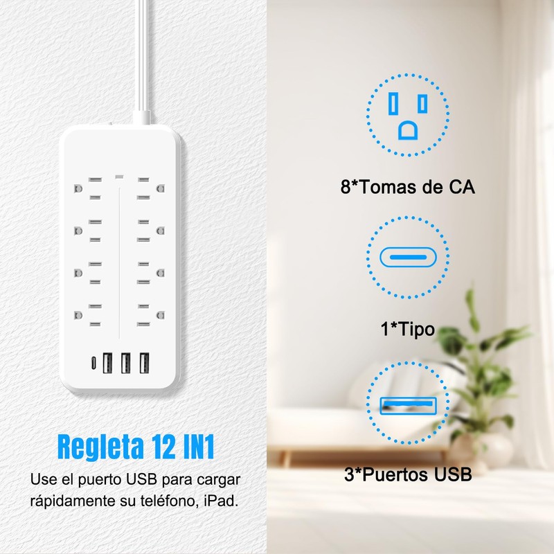 FANDBO 12 en 1 Regleta Multicontacto Extension USB, con 8