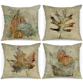 Fall 22x22 Throw Pillow Covers Set of 4, Watercolor Pumpkin Maple Leaves Decorative Holiday Pillow Case 22 x 22 Autumn Cushion Covers Pillowcase for Indoor Home Bedroom Couch Bed Sofa Decor