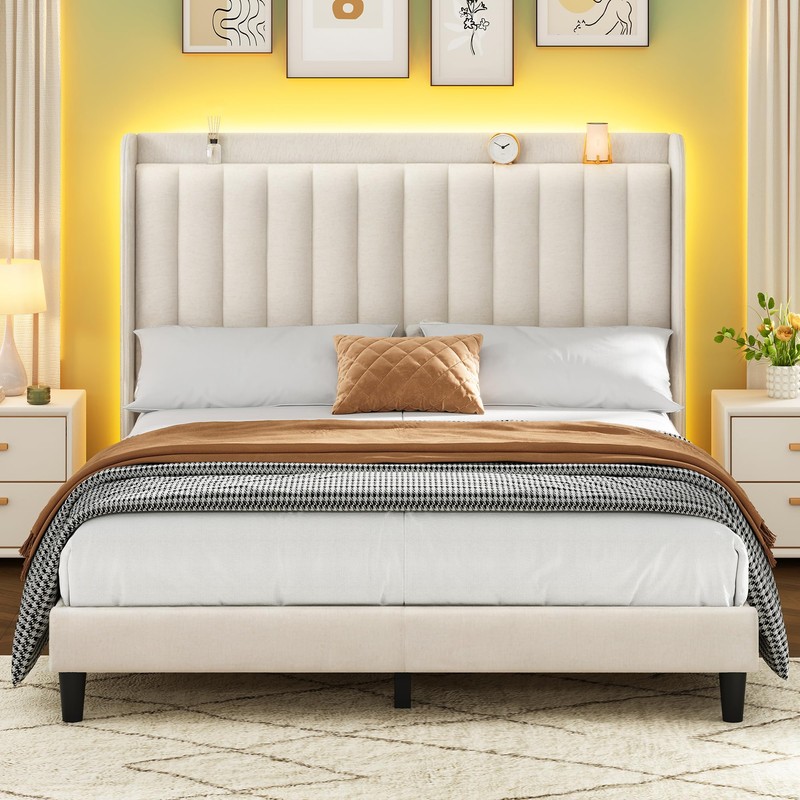 YITAHOME Full Bed Frame with Adjustable Vertical Channel Wingback Headboard,