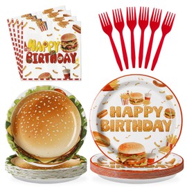 Grencian 96Pcs Summer BBQ Birthday Party Decoration Fast Food Hamburger Plates and Napkins Disposable Barbecue Supplies Picnic Tableware for Summer Food Themed Birthday Party Decorations Serves 24
