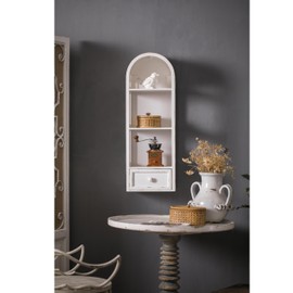 SOFE 3 Shelf White Wall Storage Cabinet with Drawer, 31" Tall Narrow Bathroom Cabinet Wall Mounted, Wood Display Cabinet, Arched Bookshelf, Modern Farmhouse Hanging Cabinets Storage