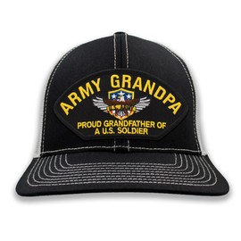 PATCHTOWN Army Grandpa - Proud Grandfather of a US Soldier Hat/Ballcap Adjustable One Size Fits Most (Mesh-Back Black & White, Standard (No Flag))