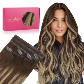 WENNALIFE Invisi Edge & Classic Seamless Clip in Hair Extensions Real Human Hair, 16 Inch 130 7pcs Balayage Chocolate Brown to Caramel Blonde Hair Extensions for Women Invisible Straight Injection