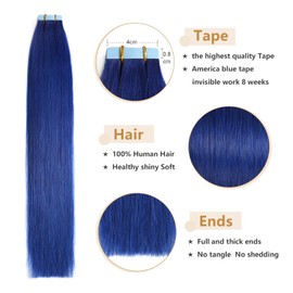 YILITE 20Pieces/Pack Blue Tape in Hair Extensions Human Hair 20inch 50g Blue Tape in Human Hair Extensions Seamless Skin Weft Tape ins Hair Extensions (20inch Blue)