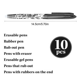 10 Erasable Pens Black, 0.7mm Rub Out Pens Ink Eraser Pen with Rubber on the End, Friction Pen Erasable Gel Ink Pens for Kids Adults, Smooth Writing School Stationery for Notes, Editing, Paperwork