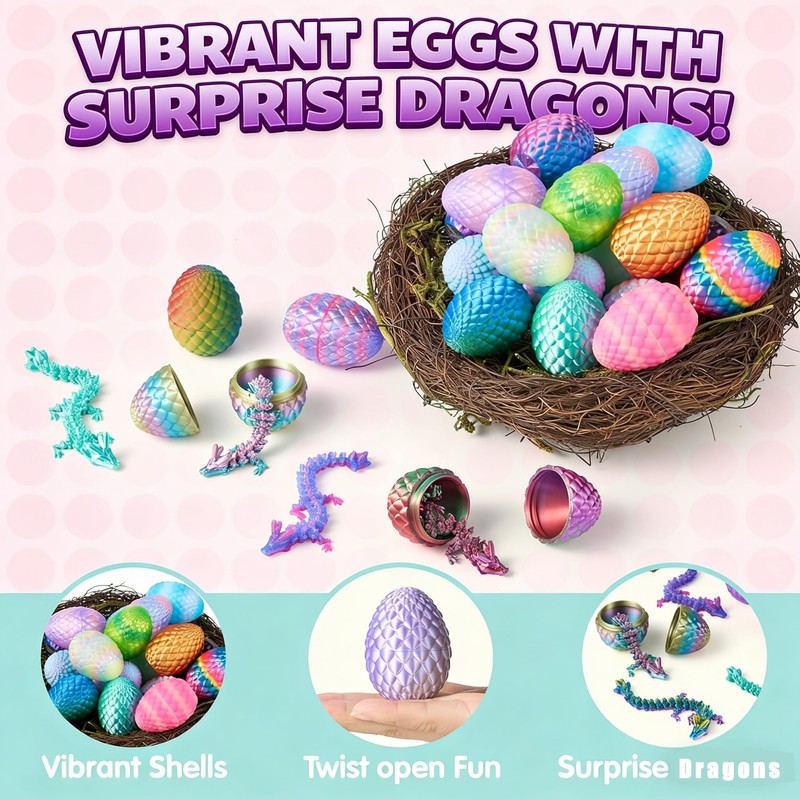 24PCS 3D Printed Dragon Eggs with Articulated Dragon Inside, Bulk