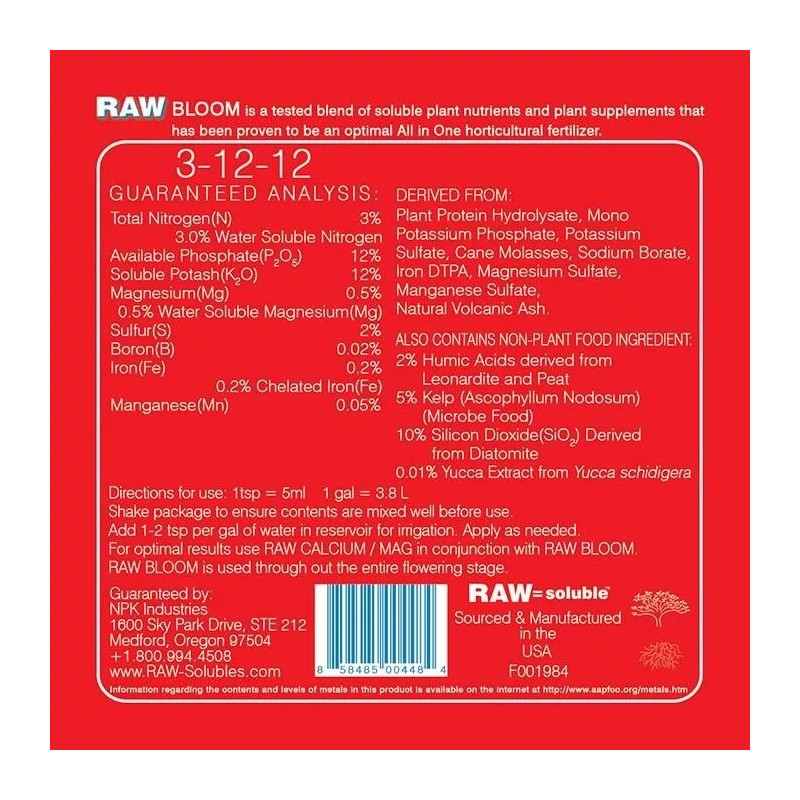 NPK RAW GROW 2lb - 12 RAW Soluble plant nutrients
