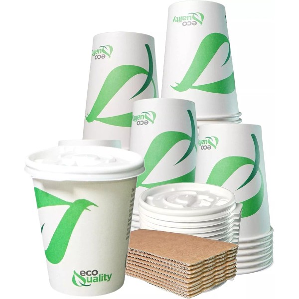 EcoQuality 12oz Compostable Paper Cups with White Flat Lids and
