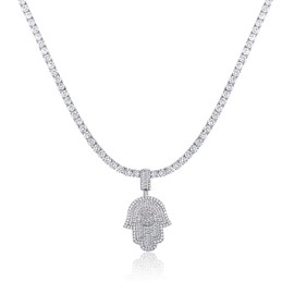 MDFUN 18K White Gold Plated Hamsa Hand Pendant Tennis Necklace Set，Shimmering CZ Hip Hop Iced out Charm Amulet and 4 prong Cubic Zirconia Chain for Women Men Jewelry Gifts