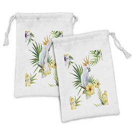Ambesonne Parrot Fabric Pouch Set of 2, Hibiscus with Bird Intelligent Mimic Animals Creatures Wild Regions Artwork, Small Drawstring Bag for Toiletries Masks and Favors, 9" x 6", White Yellow Green
