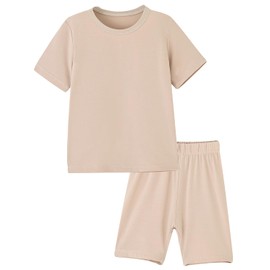 ACESTAR Baby Boys Girls Short Summer Pajamas Sets Viscose from Bamboo Toddler Cool Solid 2pcs Snug Fit Pjs Kids Sleepwear Set (Beige, 130/6-7T)