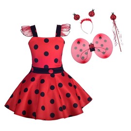 Lito Angels Ladybug Costume Polka Dot Fancy Dress Up with Wings and Accessories for Kids Girls Age 10-12 Years (Tag Number 160), Red