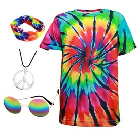 Retro 60s 70s Hippie Boys Costume Set 4Pcs Disco Party Outfit with Tie-Dye Shirt, Peace Necklace for Kids Ages 4-12 Years (Black, M)