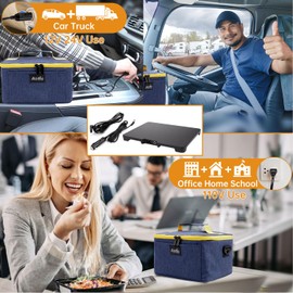 Aotto Portable Oven, 12V, 24V, 110V Food Warmer, Portable Mini Personal Microwave Heated Lunch Box Warmer for Cooking and Reheating Food in Car, Truck, Travel, Camping, Work, Home, Navy Blue