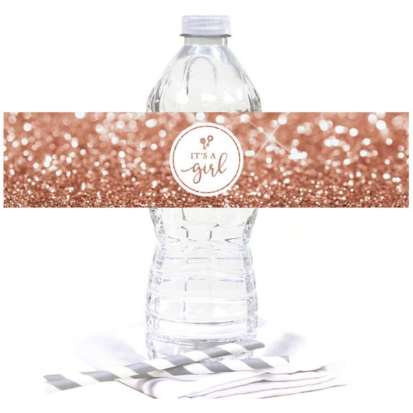 Andaz Press Glitzy Faux Rose Gold Glitter Water Bottle Baby Shower Sticker Labels, It's a Girl!, Rattle Graphic, 20-Pack