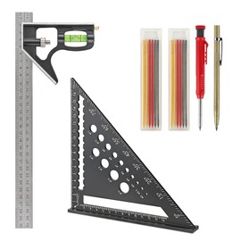 Combination Square 300 mm, Carpenter's Square 180 mm, Carpenter's Pencil Set [Pencil + 12 Leads + Scriber Needle] - Multifunctional Triangle Ruler Carpenter's Square Set for Measuring and Marking