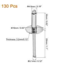 sourcing map 130Pcs 3/16"x5/8" 304 Stainless Steel Large Flange Round Head Rivets, Large Cap Open End Blind Rivets for Construction, Automotive Manufacturing, Aerospace, Shipbuilding (Silver)