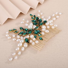 Teyglen Pearl Bride Wedding Hair Comb Bridal Green Rhinestone Pearl Hair Comb for Party Prom Wedding Hair Accessories for Women Handmade Crystal Hair Piece Headpiece (Peacock green)