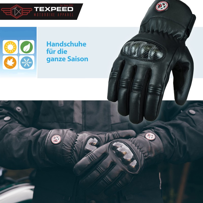 Texpeed Men's Leather Motorcycle Gloves - Waterproof Biker Moped Armoured