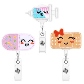 OFFCUP Retractable, Pack of 3 Nurse ID Card Holder, Cartoon ID Card Holder, Badge Reels ID Card, for Nurse, Doctor, Teacher, Student (Associations, Injections, Capsules)