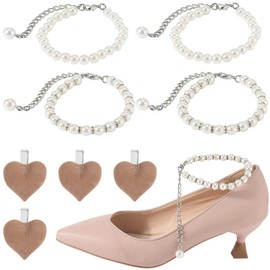 GORGECRAFT 4Pcs 2 Styles Pearl Heel Shoe Straps Silver White Plastic Detachable Imitation Pearls Beaded Heart Anklet Decorative Strap with Steel Chain Lobster Clasp for Holding High Heels Shoelace