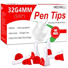 MEDWELL Puntas de bolígrafo de 32G x 4 mm (5/32"), estériles, de ajuste universal, diseño de pared extrafina, cómodas, 100 unidades/caja.