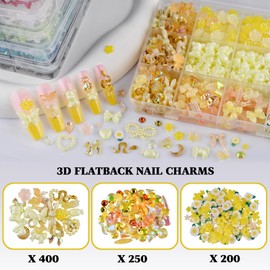 Kikonoke 850 Pieces 3D Butterfly Rose Flower Bow Rabbit Bear Nail Charms Kit with Nail Art Rhinestones Pearls Crystal Gems Nail Slices for Manicure DIY Crafts Jewelry Accessories (Yellow)