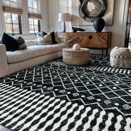 Rugshop Boho Black and White Tribal Area Rug – Geometric Diamond and Stripe Pattern Carpet for Living Room, Bedroom, or Entryway – Soft Modern Bohemian Floor Décor 5' x 7' Black
