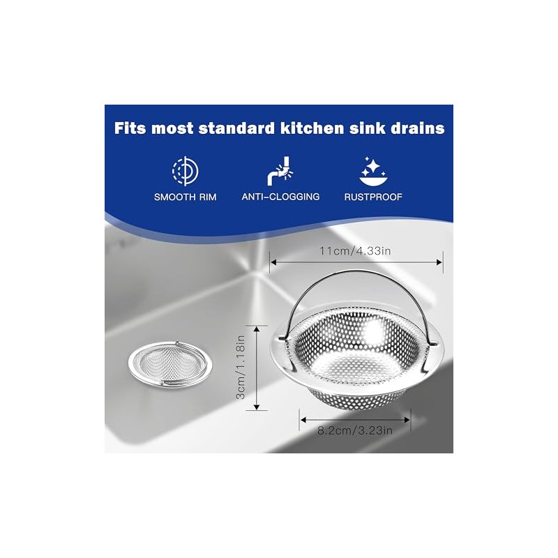 2 Pack Kitchen Sink Drain Strainer with Handle, Universal Stainless