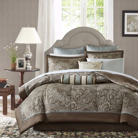 Madison Park Aubrey Cal King Size Bed Comforter Set Bed In A Bag - Blue, Brown , Paisley Jacquard – 12 Pieces Bedding Sets – Ultra Soft Microfiber Bedroom Comforters
