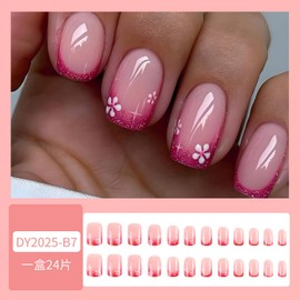 Short Square Press on Nails Pink Fake Nails with Glitter designs French Tip Press ones False Nails Flower Stick on Nails Full Cover Acrylic Nails Glue on Nails for Women Summer Manicure 24pcs