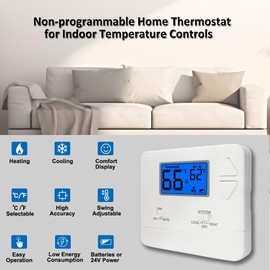 NonProgrammable Thermostat for Home, Digital Energy-Saving Thermostat,Single-Stage Systems, 1 Heat/1 Cool, Easy DIY Install, Blue Backlight