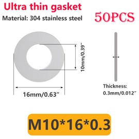 Qrity 50 PCS 304 Stainless Steel Flat Washers, M10 Ultra Thin Flat Spacers Shim Washers, 10x16x0.3mm Round Flat Spacer, Repair Washer for Screws & Bolts