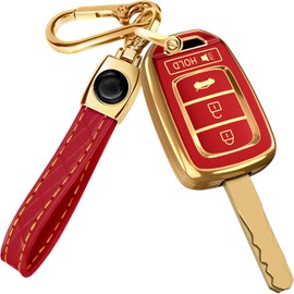 for Mazda CX5 Key Fob Cover and Leather Keychain - TPU Key Case for Mazda 3, 6, CX-5, CX-9, CX-30, CX-50, CX-70 - 2019-2024 Keyfob Cover Compatible with WAZSKE11D0 - Red and Gold