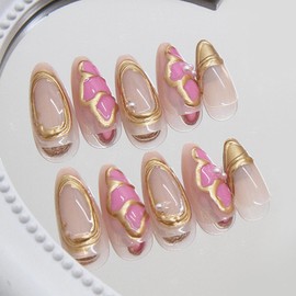 MISUD Press on Nails Medium Almond Fake Nails Glossy Glue on Nails 3D Gold Chrome French Tip Acrylic Nails Stiletto Artificial Nails Butterfly Stick on False Nails with Design 24 pcs