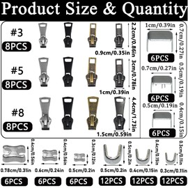 PXBSNB Zip Repair Kit, 96 PCS Zipper Repair Kit, Universal Zipper Pull Replacement with Top Stoppers Bottom Stoppers, Metal Zips Replacement Pulls for Jackets Jeans Coat Bags Tents(3 Sizes: #3/5/8)