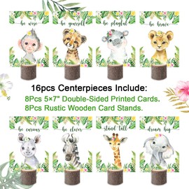 16Pcs Pink Jungle Safari Centerpieces and Wooden Stands, Watercolor Floral Jungle Baby Shower for Table Decorations, Double Side It's a Girl Wild Jungle Safari Baby Shower Party Supplies
