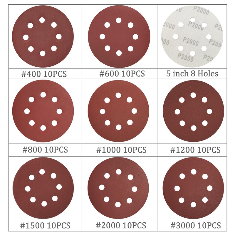 Piowio 80 Pcs 5 inch 8 Holes Sanding Discs 320