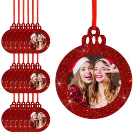 Fassory 20 Pcs Hanging Photo Frame, Felt Glittering Family Tree Picture Holders, Photo Gift Tags, Anniversary Decoration Photo Baubles, Birthday Party Supplies (Red Christmas Bauble)