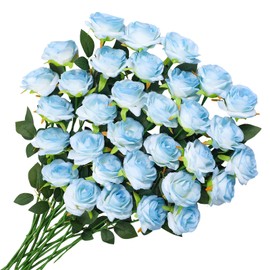 Ovveroche 68 Pcs Ice Blue Artificial Roses Fake Flowers,Silk Flowers with Stems for DIY Wedding Bridal Shower Centerpieces Arrangements Tables Decorations