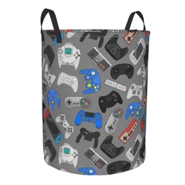 Gbuzozie Cesta redonda de almacenamiento para ropa sucia con control de videojuegos, fondo gris, organizador de ropa para el hogar, baño, dormitorio, guardería, 62 l