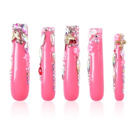 Tmani Juego De 10 Uñas Postizas Extralargas Hechas A Mano, Estilo Ballet, Cuadradas Y Largas, Con Purpurina De Diamante, Ideales Para Fiestas Y Cumpleaños (440, Talla M)
