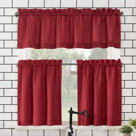 No. 918 Martine Microfiber Semi-Sheer Rod Pocket Kitchen Curtain Valance and Tiers Set, 54" x 36", Red