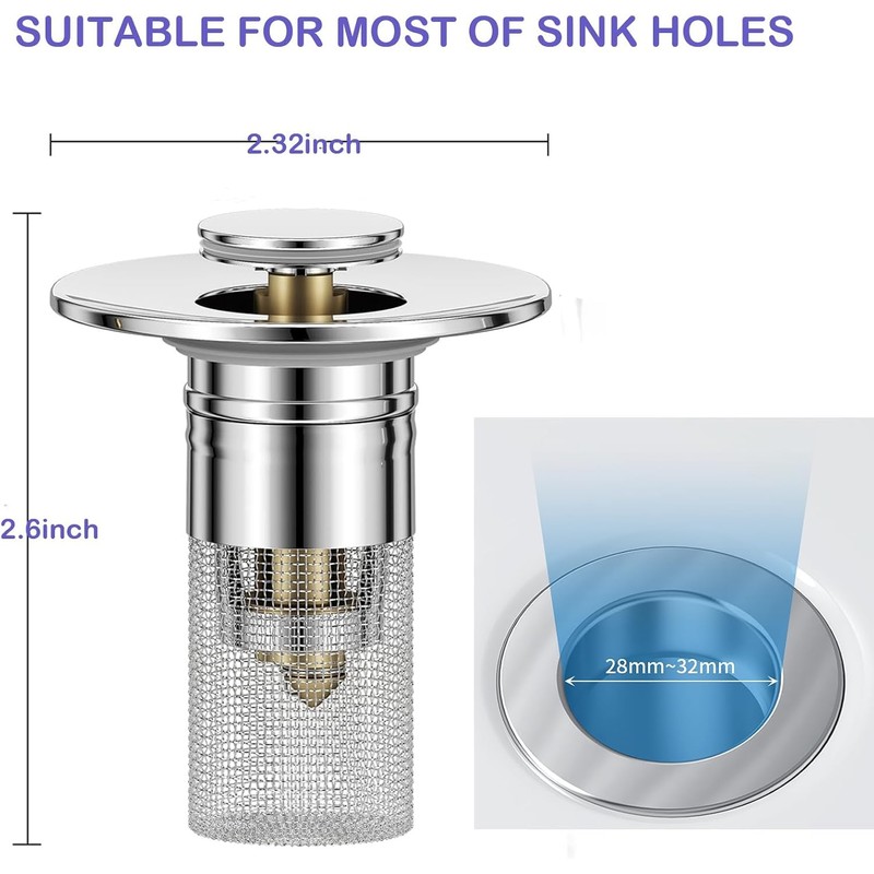 Sink Drain Strainer, Universal Bathroom Sink Plug, Pop-Up Small Bathroom