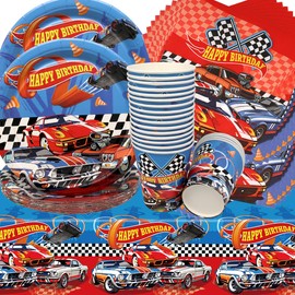 Racing Car Birthday Decoration, Doyomtoy 61 Pieces Party Tableware, Racing Car, Birthday Party Set, Birthday Plates, Cups, Napkins for Racing Car, Birthday Party Accessories Supplies